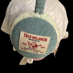 True Religion Denim Sherpa Earmuffs Patch Winter Accessories Unisex Blue & White